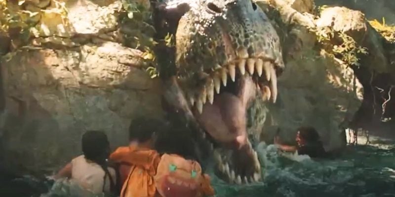 The T-Rex during the river scene in 'Jurassic World Rebirth'