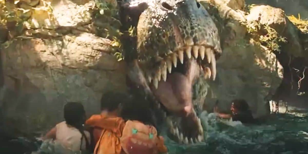 The T-Rex during the river scene in 'Jurassic World Rebirth'