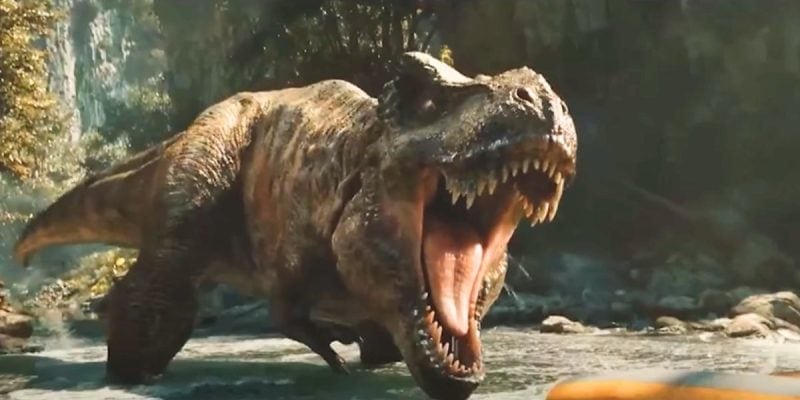 The T-Rex roaring in 'Jurassic World Rebirth'