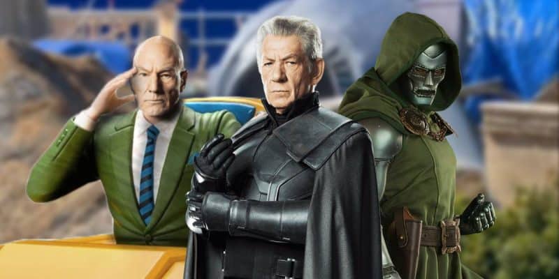 Professor X, Magneto and Doctor Doom in front of a fallen sentinel