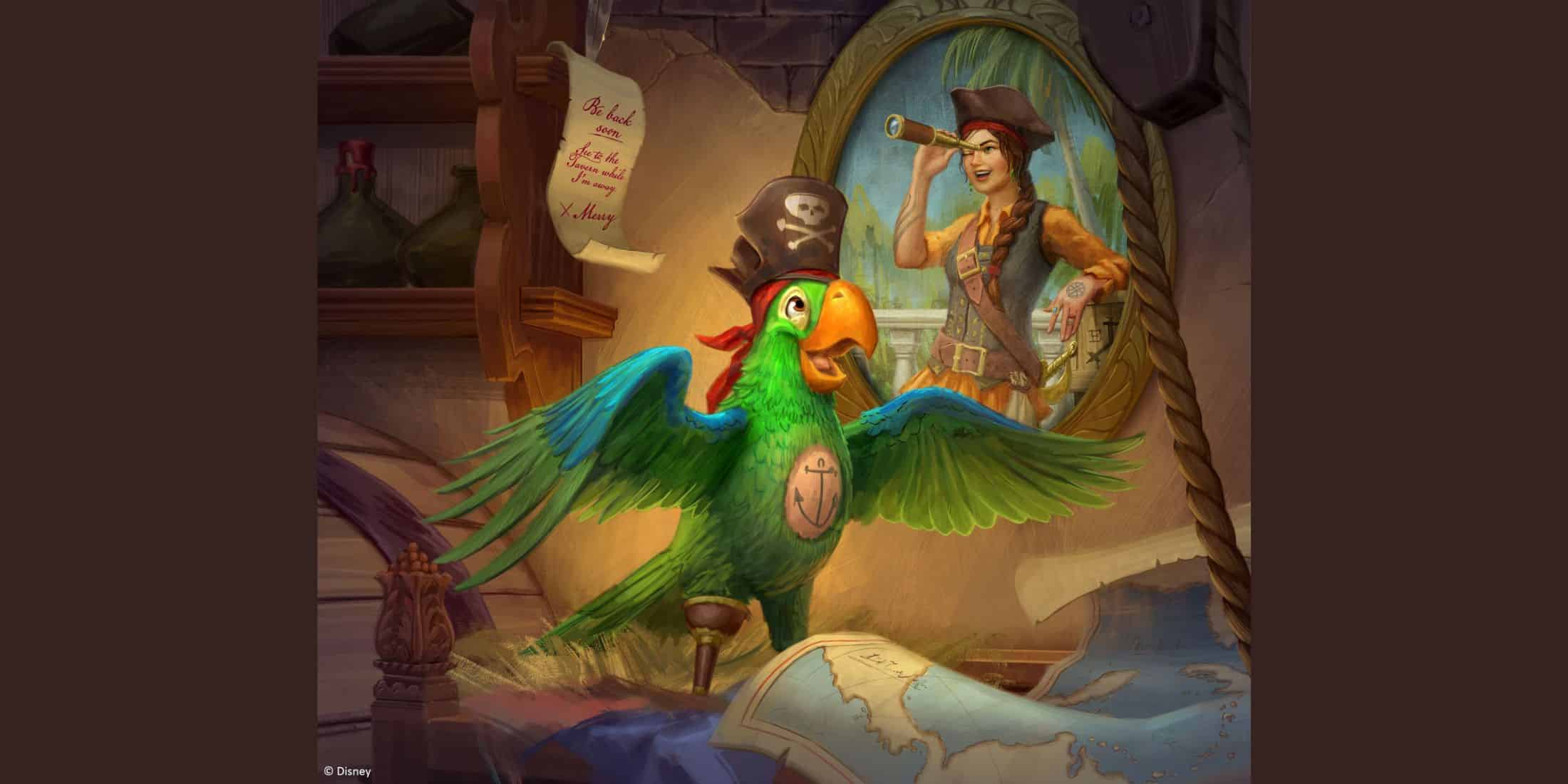 A colorful parrot in a pirate hat stands on a desk with a map, spreading its wings. Behind it, a painting shows a pirate looking through a telescope. Nautical decor fills the scene, evoking the adventurous spirit of Pirates of the Caribbean.