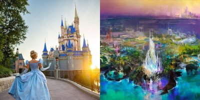 Cinderella in front of the castle at Magic Kingdom (left), concept art for Disneyland Abu Dhabi (right)