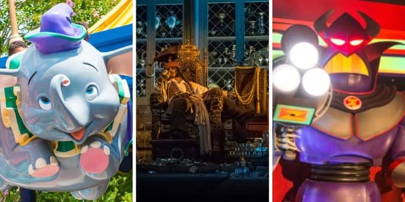 Three Disney rides that will be closed in July 2025 at Disneyland Paris: Dumbo, Buzz Lightyear Laser Blast, and Pirates of the Caribbean