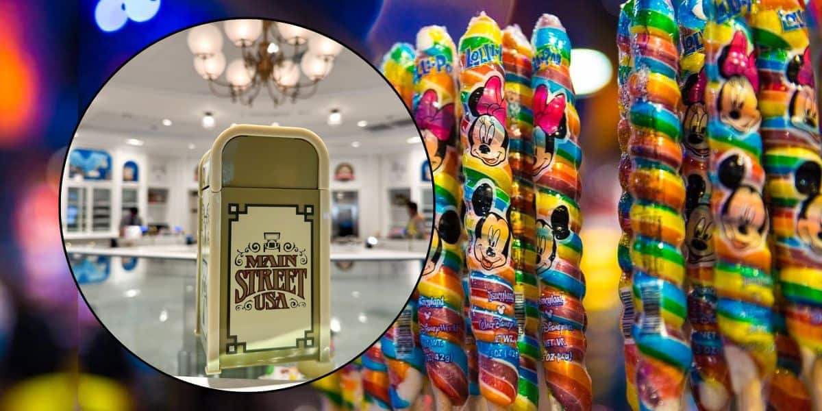 A close-up of colorful, rainbow-striped Mickey Mouse and Minnie Mouse lollipops, with a circular inset showing a vintage Disney World trash can inside a brightly lit candy shop.