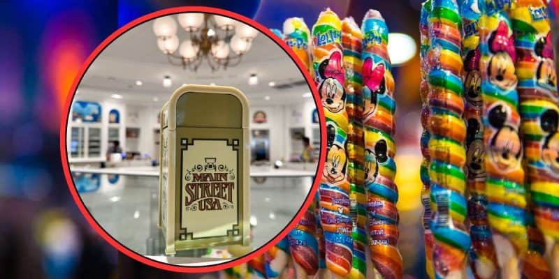 A close-up of colorful, Mickey Mouse-themed lollipops with a circular inset showing a vintage-style, cream-colored mailbox and a Disney World Trash Can labeled "Main Street USA" inside a bright, chandelier-lit shop.