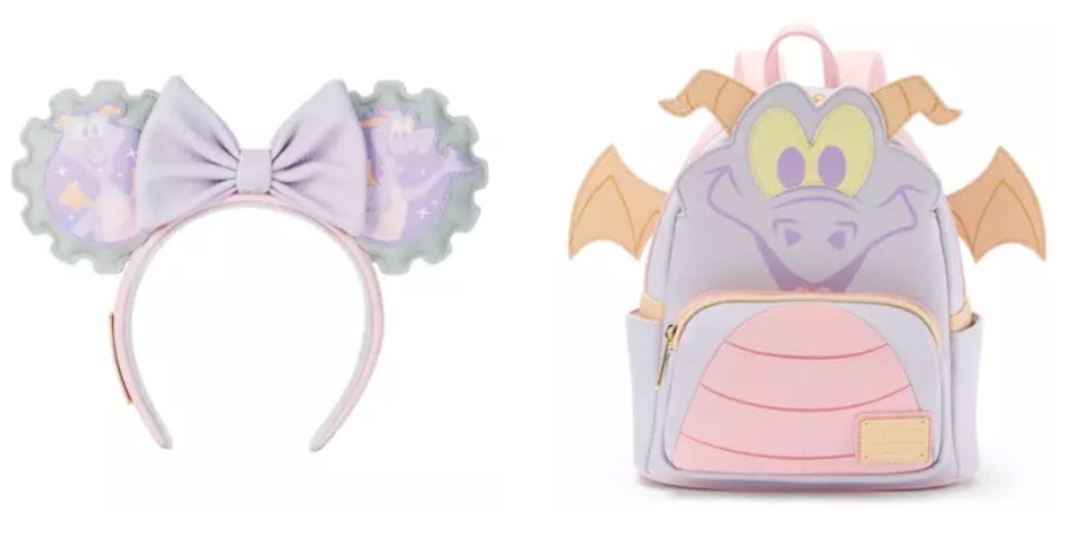A pastel purple Disney headband with large mouse ears and a bow sits beside a matching pastel pink and purple Figment Loungefly backpack featuring a dragon face and orange wings—perfect for fans of whimsical style.