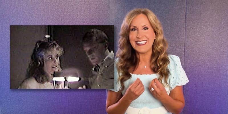 A smiling woman with long, wavy blonde hair stands in front of a purple background. Inset to the left is an old photo of a younger woman with headphones speaking into a microphone beside a man.