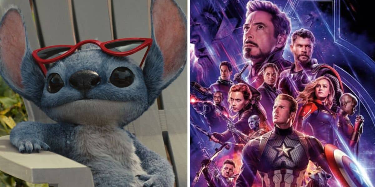 Left: Stitch from Lilo & Stitch, a blue alien with big ears and red sunglasses, sits on a chair. Right: Marvel superheroes from Avengers: Endgame, including Iron Man and Captain America, pose together with a cosmic Disney backdrop.