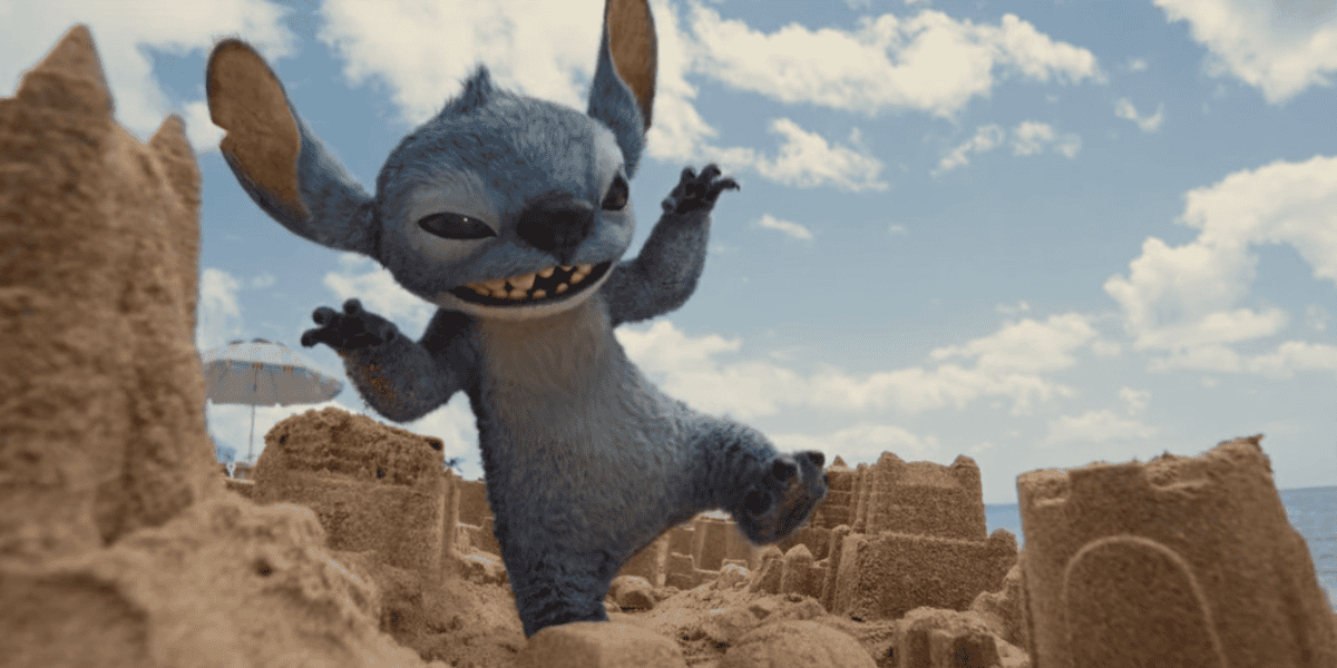 Live-action Stitch on a beach
