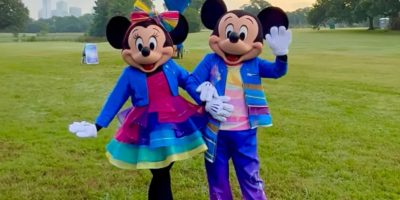 Minnie Mouse and Mickey Mouse in their Disneyland70 outfits in Texas.