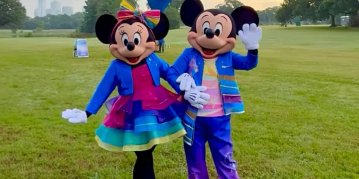 Minnie Mouse and Mickey Mouse in their Disneyland70 outfits in Texas.