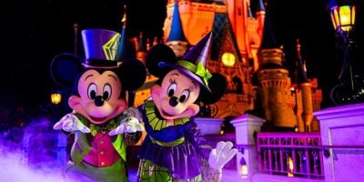 Mickey Mouse and Minnie Mouse in Halloween costumes for Mickey's Not-So-Scary Halloween Party at Walt Disney World Resort at Magic Kingdom.