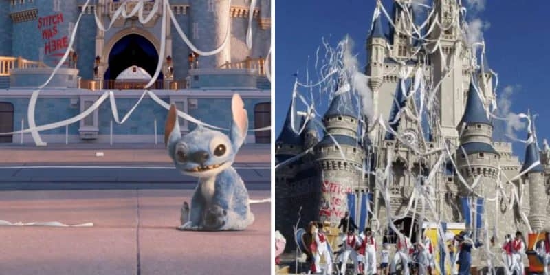 Split image: Left, the character Stitch sits in front of a castle draped with toilet paper. Right, Disney World Stitch Takeover vibes as a real-life castle is covered in toilet paper, people in costume below, and a “Stitch Was Here” sign on the wall.
