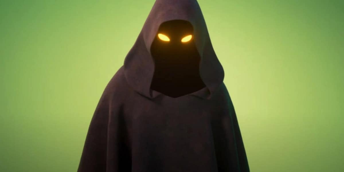 A mysterious hooded figure stands against a green background, their face hidden in shadow except for glowing yellow eyes—evoking suspense much like the upcoming Zootopia 2 trailer.