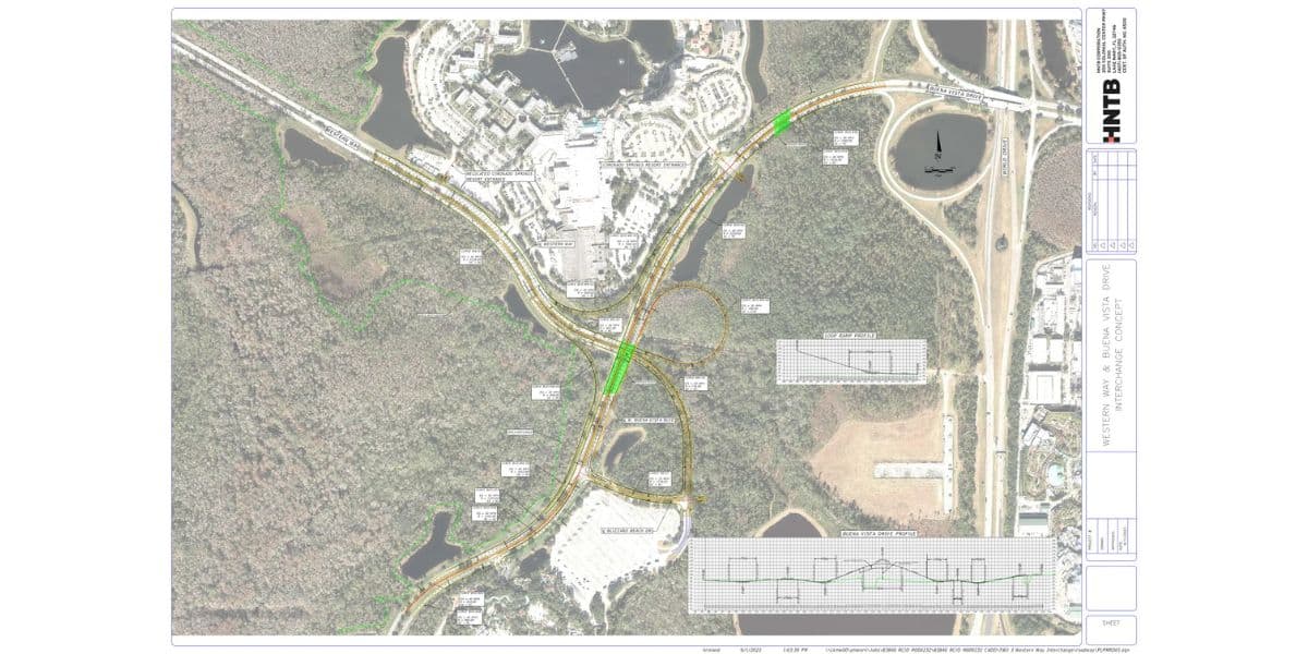 Aerial map of a highway interchange near Disney World, surrounded by forest, buildings, and bodies of water, featuring construction plans with highlighted Disney World road changes, labels, and elevation diagrams along the right side.