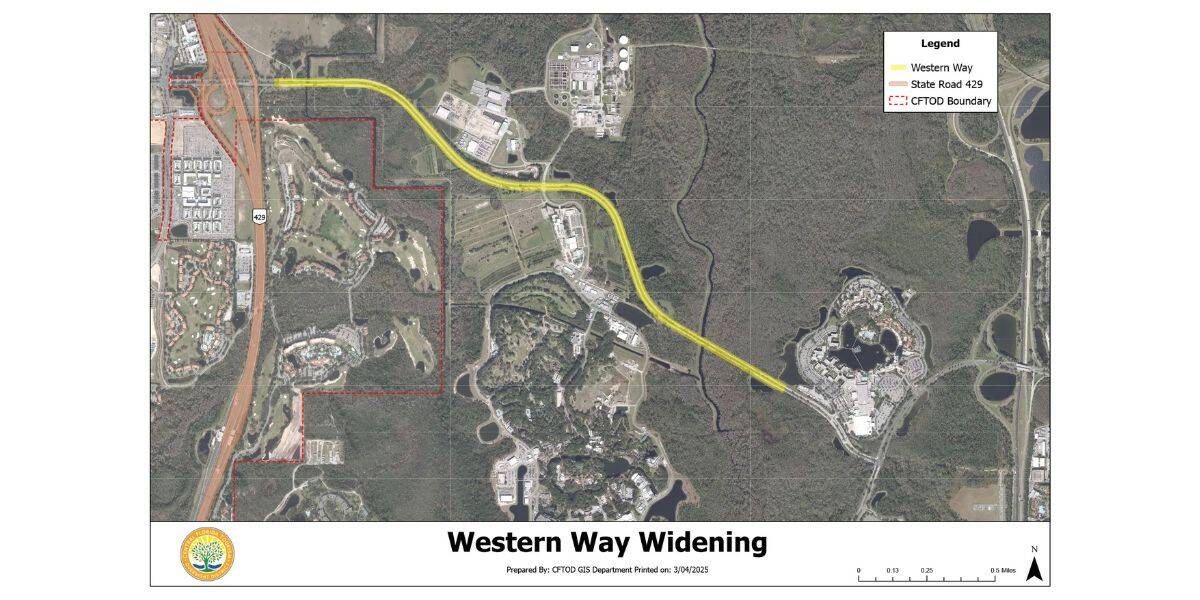 A map showing the planned widening of Western Way, highlighted in yellow, running east-west through a wooded area with developed properties and roadways—part of upcoming Disney World Road Changes.