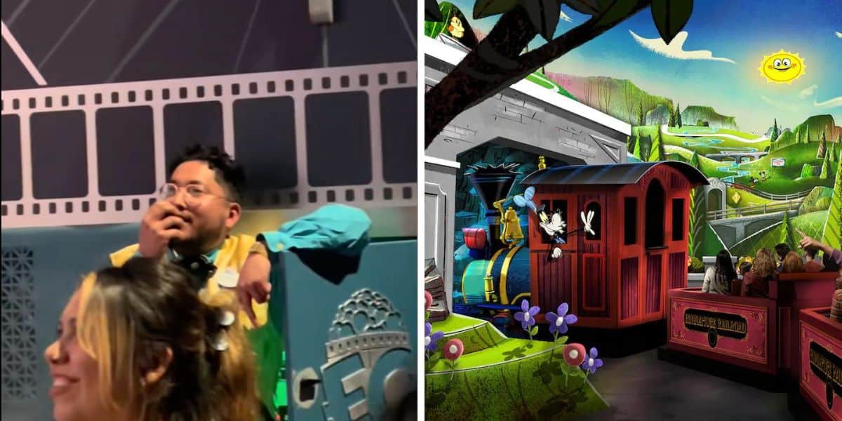Split Image: (Left) Disneyland Cast Member, (Right) Mickey & Minnie's Runaway Railway