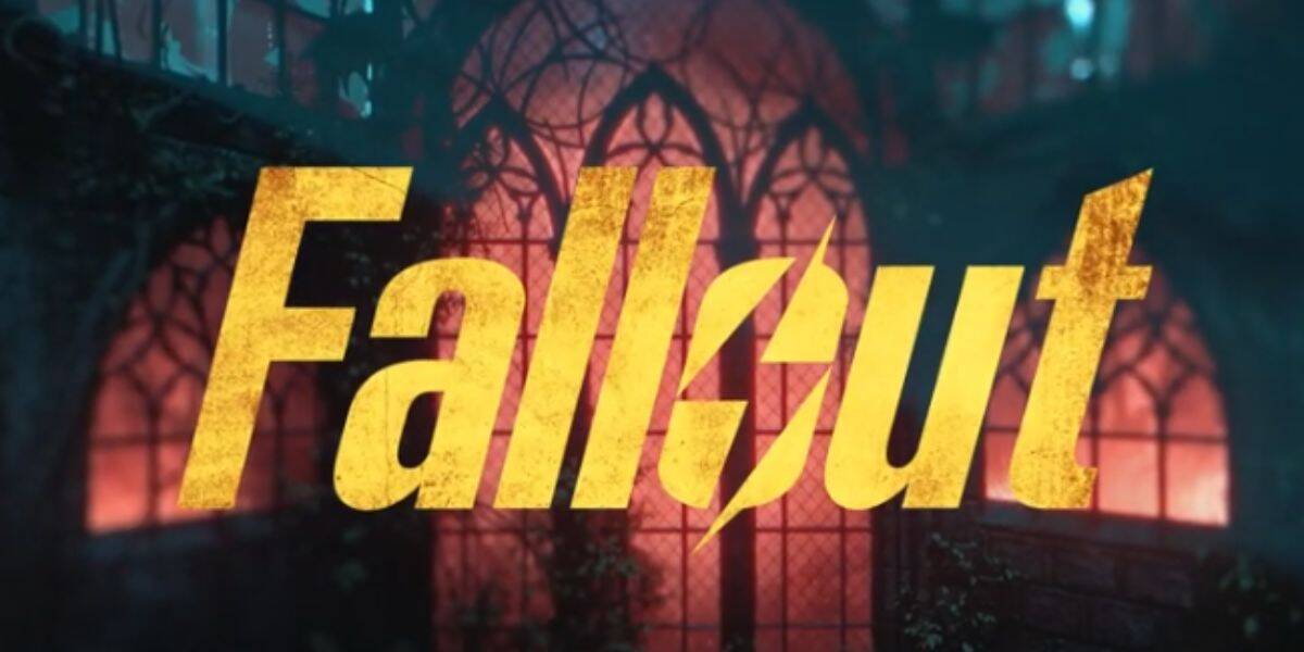 Yellow "Fallout" logo with a stylized lightning bolt in the center, displayed over a blurred background of red-lit gothic windows and dark Universal Halloween Horror Nights-inspired architectural elements.