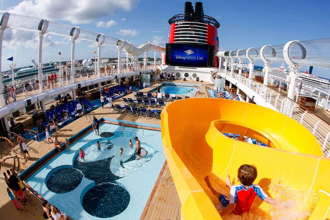 The waterslide and pool area on the Disney Dream Cruise Ship