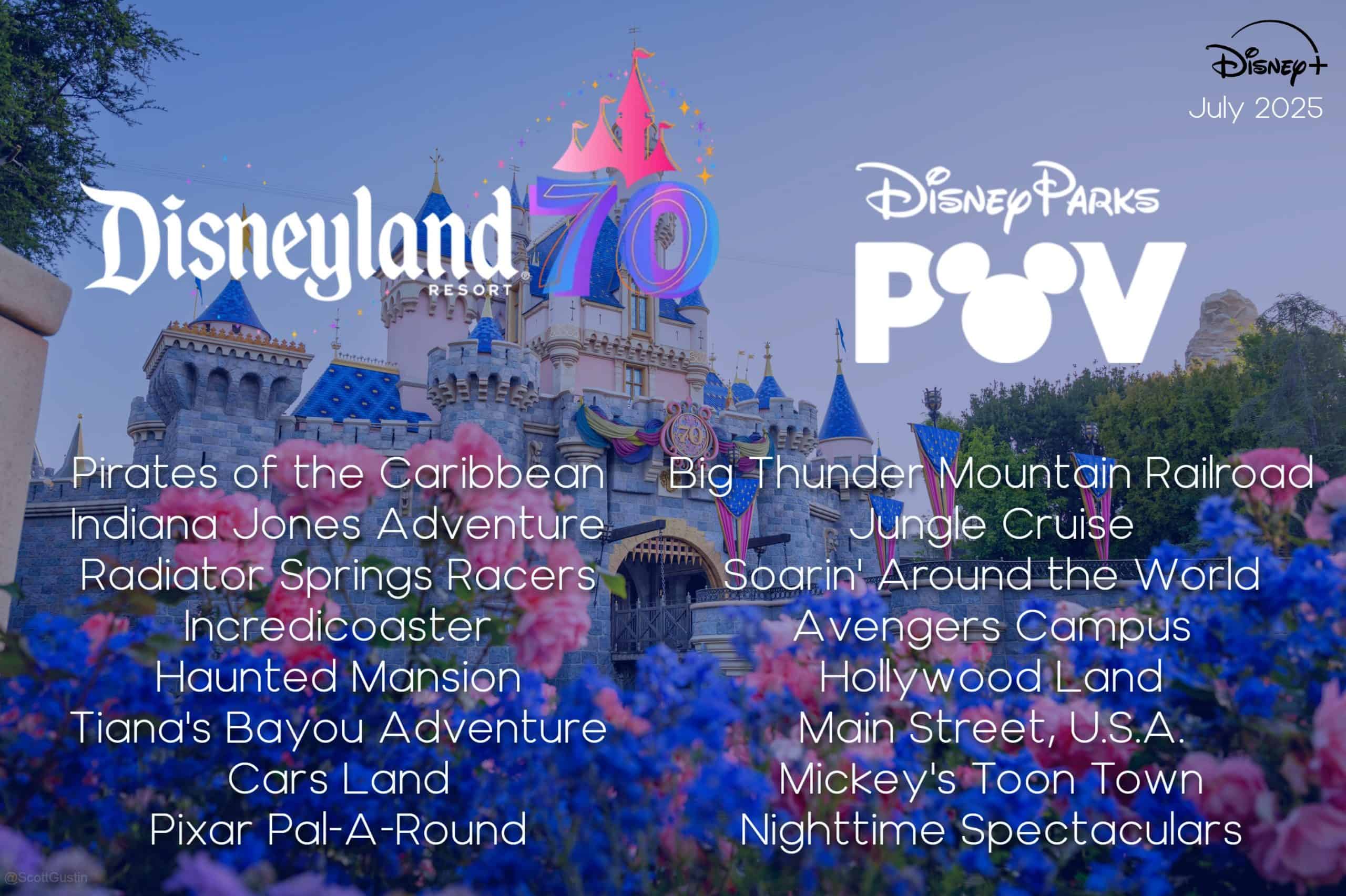 Sleeping Beauty Castle at Disneyland decorated for the 70th anniversary, with a list of attractions and “Disney Parks POV July 2025” in the corner, highlights Disney POV rides overlaid on a sunny park background.