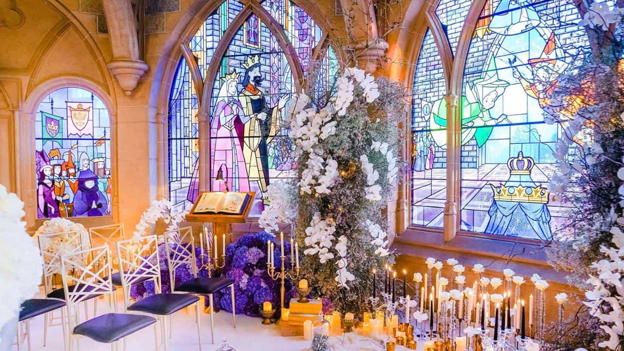 A chapel with stained glass at a Disneyland Paris wedding