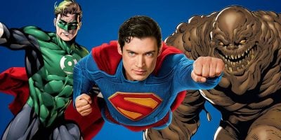 Superman flies forward in the center, flanked by Green Lantern on the left and the monstrous villain Clayface on the right, all set against a blue background.