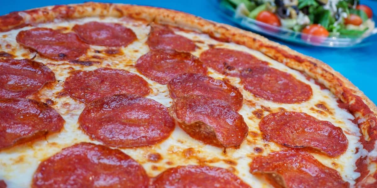 A pepperoni pizza from Alien Pizza Planet Disneyland