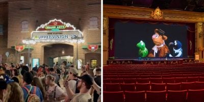 Split Image: (Left) Guests singing outside Muppet Vision, (Right) Muppet*Vision 3D