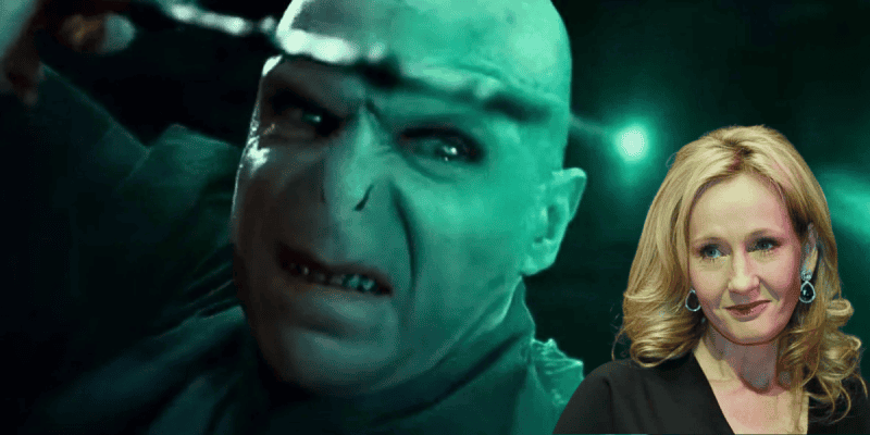 Split image: Left - Voldemort casting a spell, Right -JK Rowling
