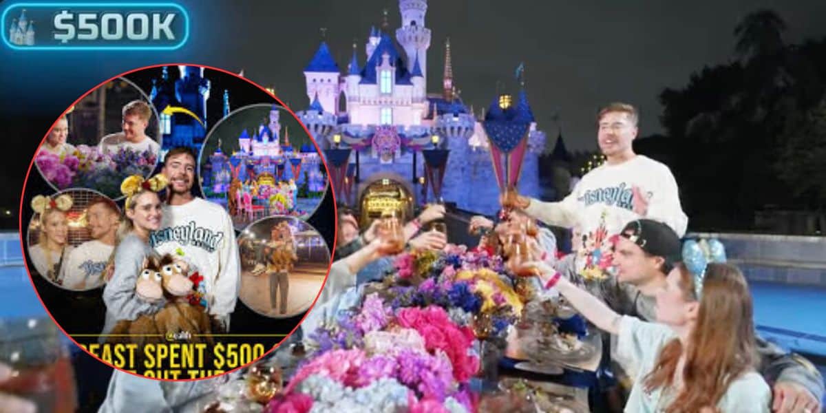 A group of people dines at an elegantly decorated outdoor table in front of a brightly lit Disneyland castle, with a $500K sign and a collage of photos inset on the left.