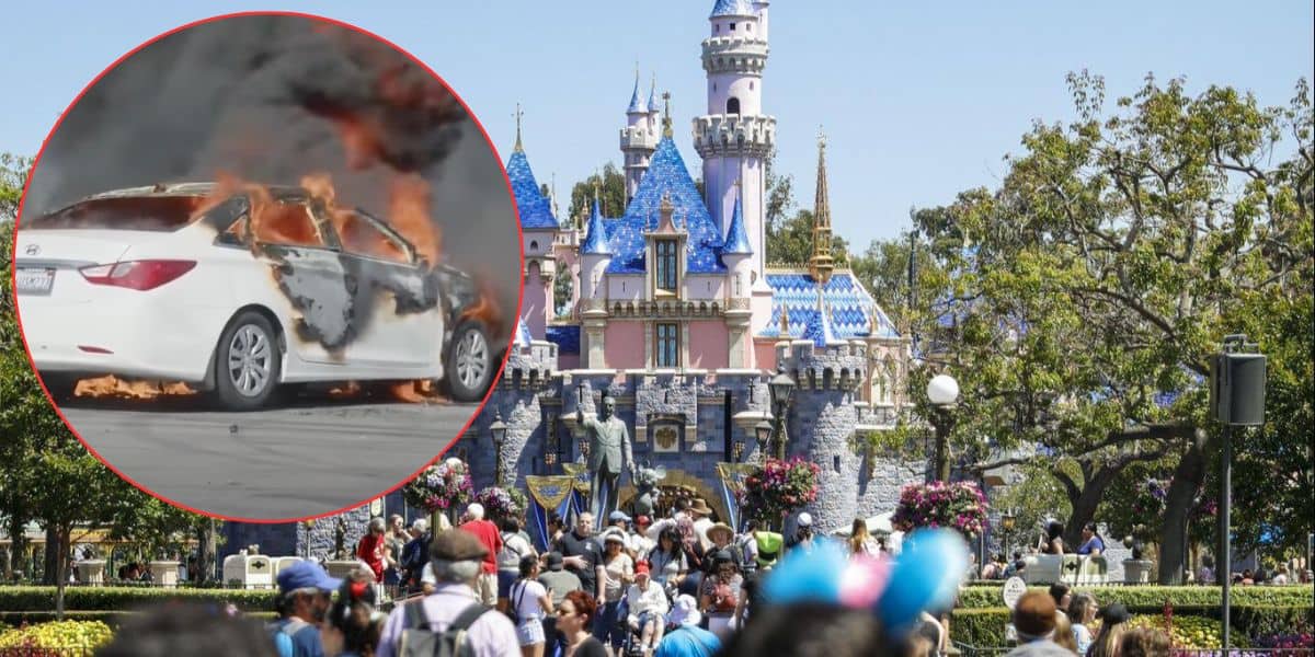 A large crowd gathers at the entrance of a Disneyland castle. Inset on the image is a photo of a white car engulfed in flames, with thick smoke rising from it. The two scenes contrast sharply in mood.