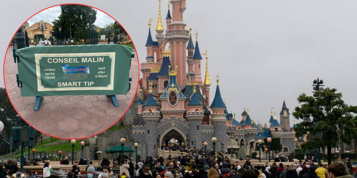 A large crowd gathers in front of a pink fairytale castle at Disneyland. An inset shows a green sign in French and English with tips on visiting Walt Disney Studios at different times of day.