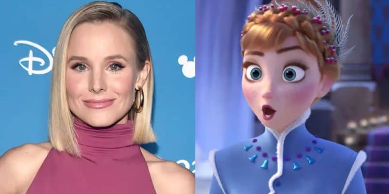 A woman with straight blonde hair and a mauve sleeveless top stands in front of a blue Disney background, beside an animated character with auburn hair in braids, wearing a blue dress and looking surprised.