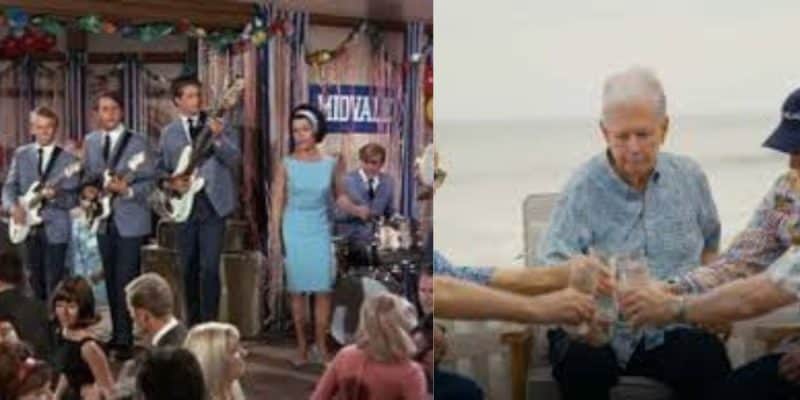 Split image: On the left, a vintage band performs on stage for a dancing crowd. On the right, elderly people sit outdoors by the beach, raising glasses in a toast.
