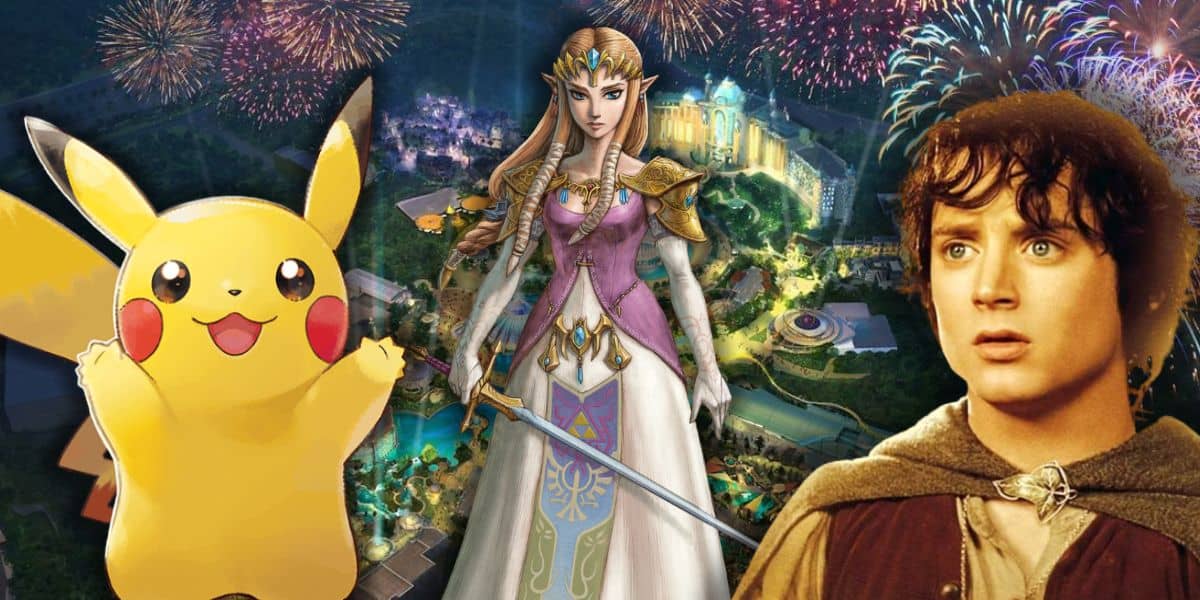 Pikachu, Princess Zelda, and Frodo Baggins stand in front of a colorful, illuminated amusement park with fireworks lighting up the night sky in the background inside of Universal Epic Universe.