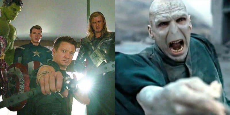 On the left, four Avengers—Hulk, Captain America, Hawkeye, and Thor—stand ready for battle. On the right, Harry Potter’s Voldemort is yelling and pointing his wand forward.