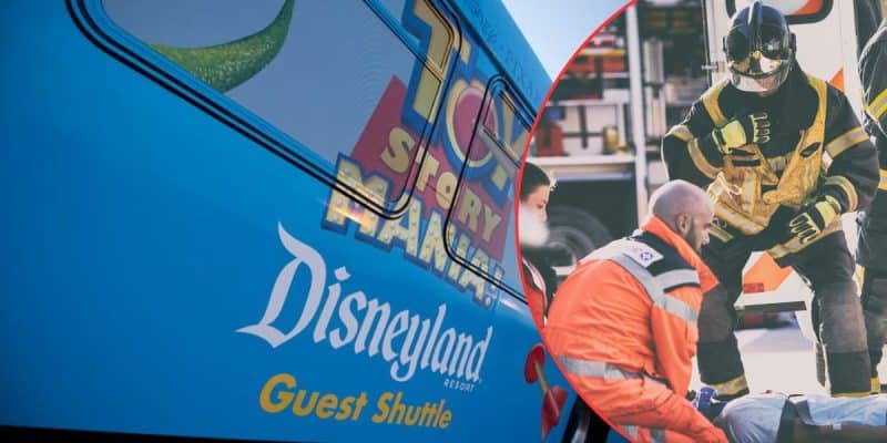 A Disney Guest Shuttle bus with Toy Story Mania graphics is parked. Nearby, firefighters and emergency personnel attend to a person lying on the ground, indicating a possible Disney bus accident with guests requiring hospital care.