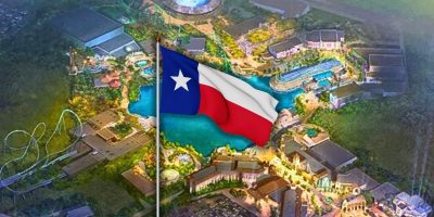 An illustrated aerial view of a Universal theme park with a large Texas state flag in the foreground, prominently centered over the brightly lit park area inside of Texas.