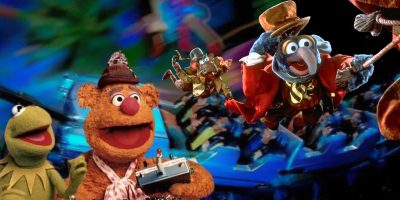 Split image: Background - Rock 'n' Roller Coaster Starring Aerosmith, Foreground Left - Kermit and Fozzie on Muppet*Vision 3D, Right - Gonzo and Rizzo flying in 'The Muppet Christmas Carol'