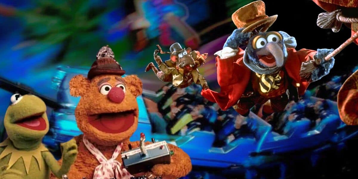 Split image: Background - Rock 'n' Roller Coaster Starring Aerosmith, Foreground Left - Kermit and Fozzie on Muppet*Vision 3D, Right - Gonzo and Rizzo flying in 'The Muppet Christmas Carol'