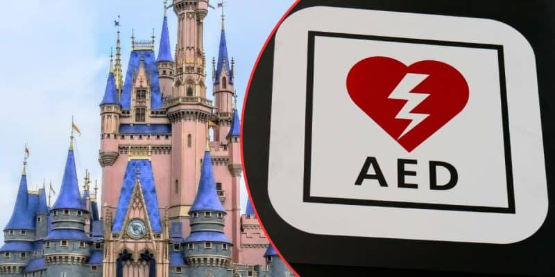 A photo of a pink and blue fairytale castle at Disney World, next to a sign with a red heart and lightning bolt symbol above the letters "AED," highlighting how lives can be brought back to life in emergencies at Disney World.