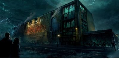 Two people stand in the rain at night, facing a large, ominous warehouse with glowing neon letters reading "Horror Unleashed." Lightning flashes in a stormy sky above the dark, imposing building heading to Chicago, Illnois.