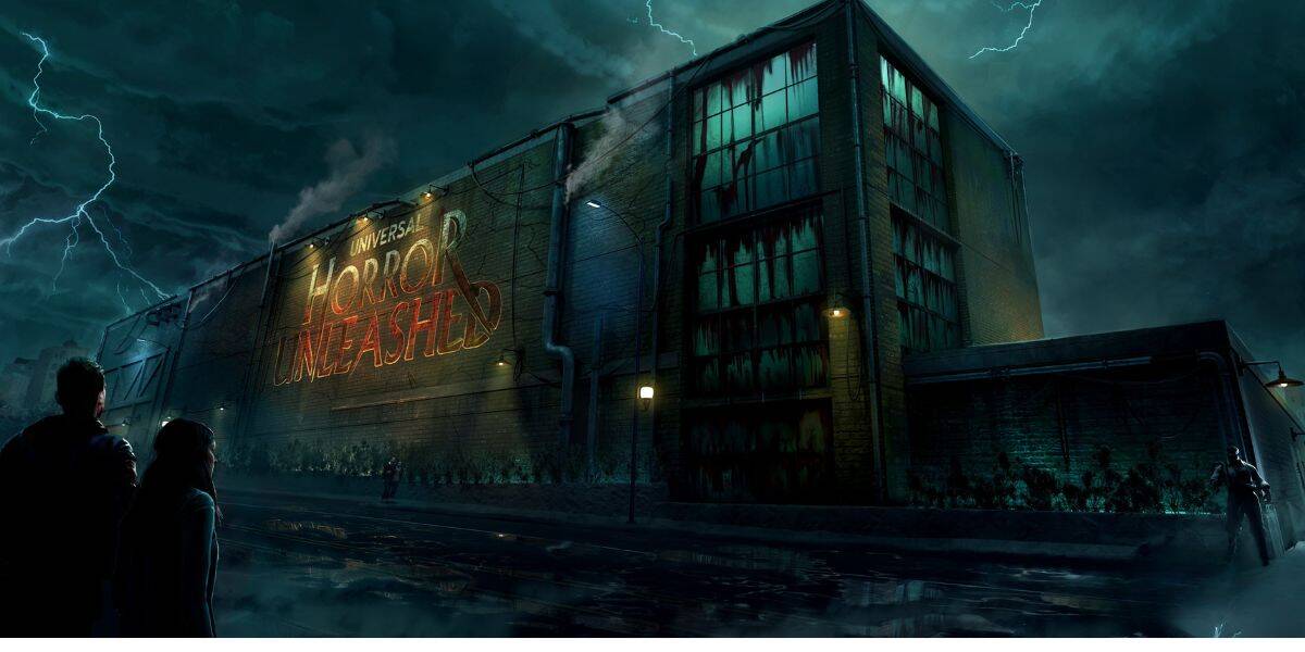 Two people stand in the rain at night, facing a large, ominous warehouse with glowing neon letters reading "Horror Unleashed." Lightning flashes in a stormy sky above the dark, imposing building heading to Chicago, Illnois.