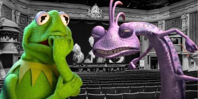 Split image: L - Kermit looking nervous at Muppet*Vision 3D, Right - Randall from 'Monsters, Inc.'