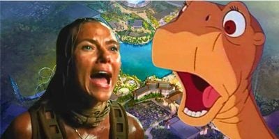 Split image: Background - Universal Studios GB concept art, Front left - Scarlett Johansson screaming in 'Jurassic World Rebirth', Front right - shocked Littlefoot in 'The Land Before Time'