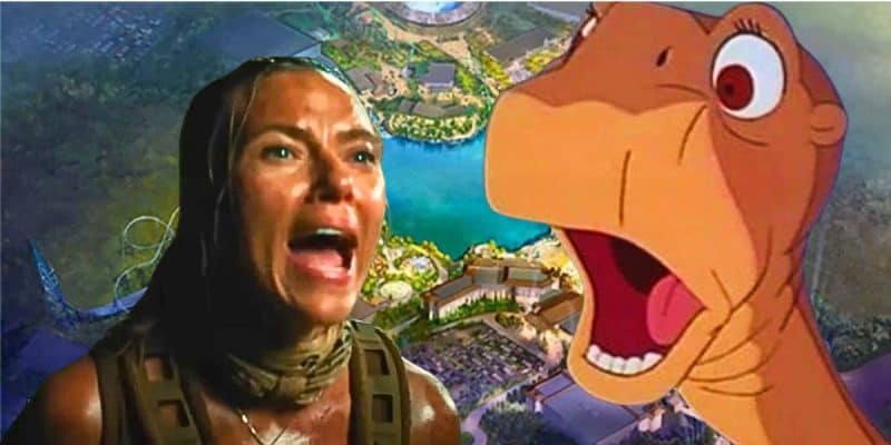 Split image: Background - Universal Studios GB concept art, Front left - Scarlett Johansson screaming in 'Jurassic World Rebirth', Front right - shocked Littlefoot in 'The Land Before Time'