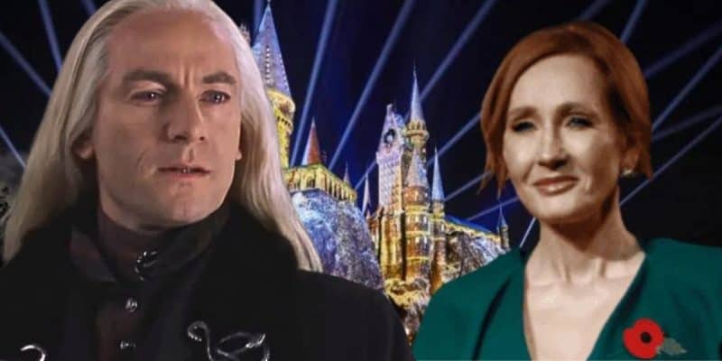 Split image: Left - Jason Isaacs as Lucius Malfoy in 'Harry Potter', Middle - Hogwarts castle at Universal Studios, Right - J.K. Rowling