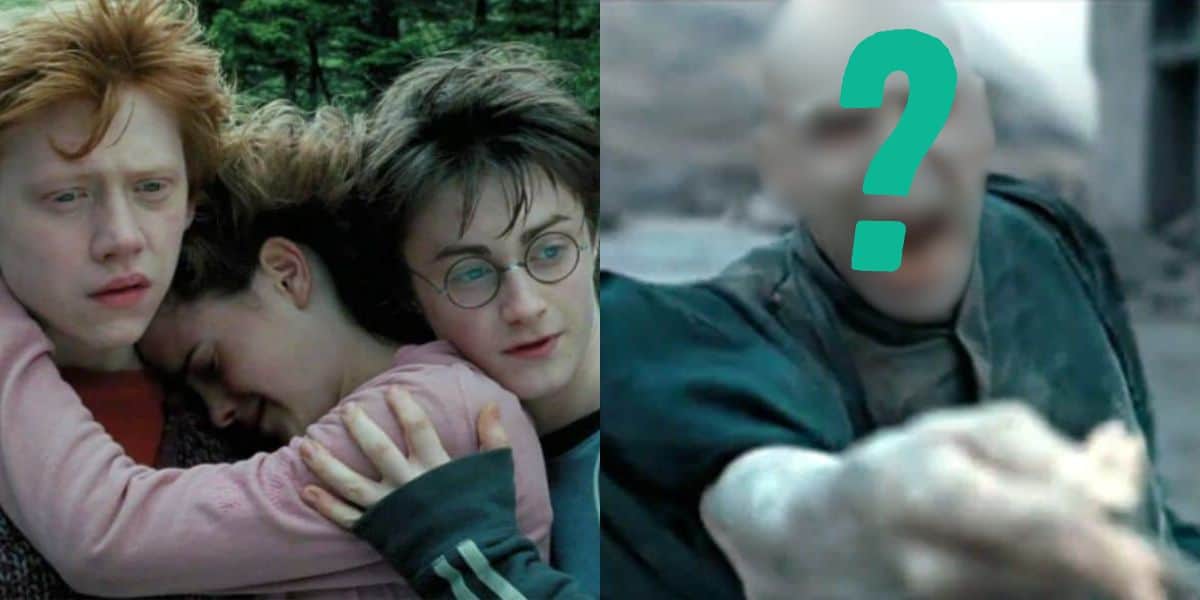 Split image: L - Ron, Hermione, and Harry in 'Prisoner of Azkaban', R - Voldemort screaming