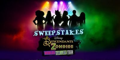 Silhouettes of six characters stand against colorful stage lights with text: "Enter to Win Disney Descendants Zombies Worlds Collide Tour Concert Experience.