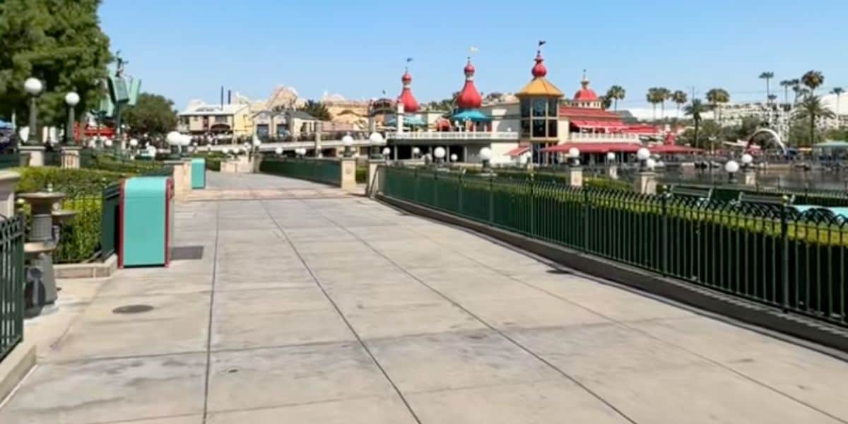 An empty walkway at Disney California Adventure at Disneyland Resort amid the ICE protests in Los Angeles.